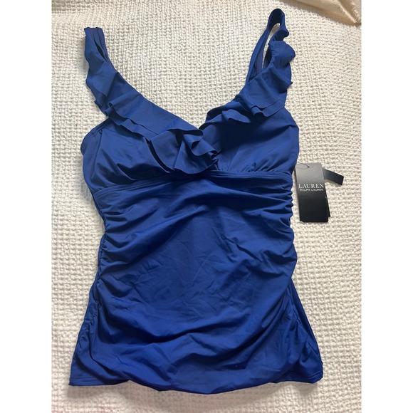 Lauren Ralph Lauren Blue Ruffle Ruched Tankini Swim Top Size 8 Hidden Underwire - Picture 2 of 8